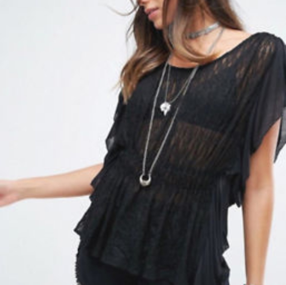 Free People June Split-Sleeve Lace Top Black